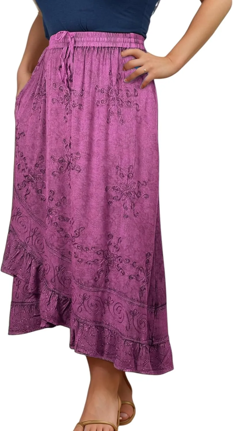 Agan Traders Women's 2025 Summer Western Boho Vintage Drawstring Embroidered Flared Ruffle High Waist Long Skirt