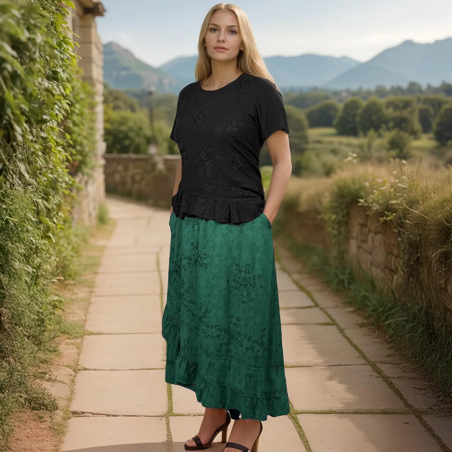 Agan Traders Women's 2025 Summer Western Boho Vintage Drawstring Embroidered Flared Ruffle High Waist Long Skirt