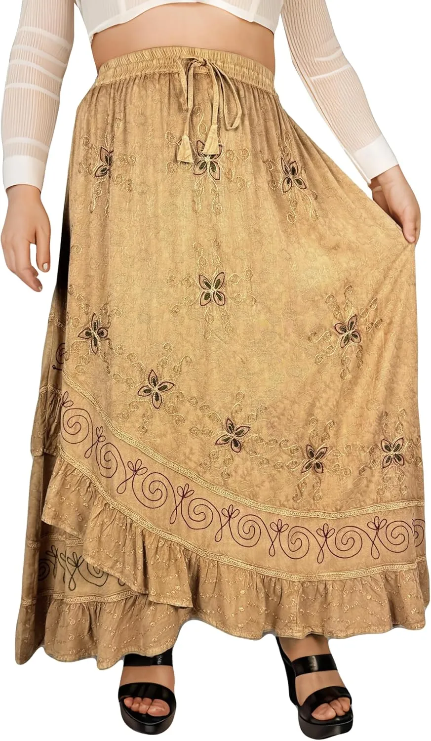 Agan Traders Women's 2025 Summer Western Boho Vintage Drawstring Embroidered Flared Ruffle High Waist Long Skirt