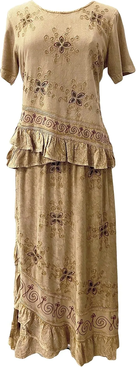 Agan Traders Women's 2025 Summer Western Boho Vintage Drawstring Embroidered Flared Ruffle High Waist Long Skirt