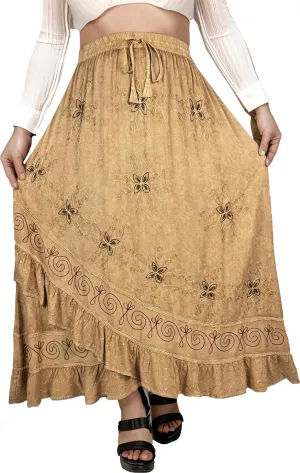 Agan Traders Women's 2025 Summer Western Boho Vintage Drawstring Embroidered Flared Ruffle High Waist Long Skirt