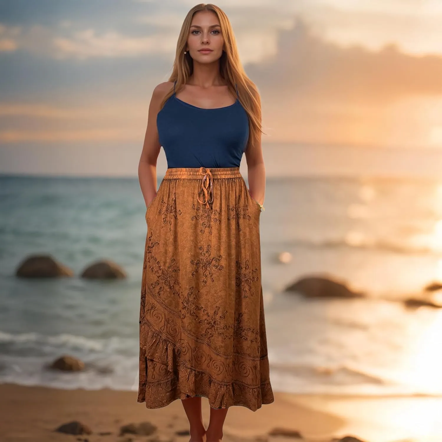 Agan Traders Women's 2025 Summer Western Boho Vintage Drawstring Embroidered Flared Ruffle High Waist Long Skirt