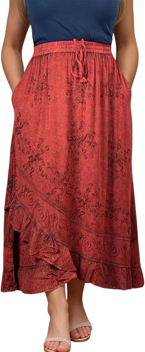 Agan Traders Women's 2025 Summer Western Boho Vintage Drawstring Embroidered Flared Ruffle High Waist Long Skirt