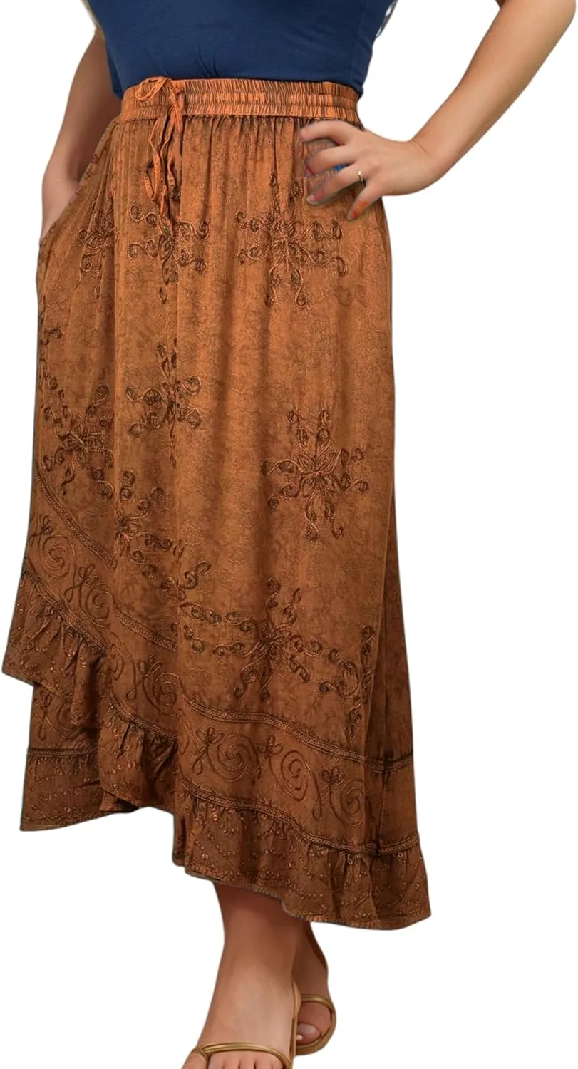 Agan Traders Women's 2025 Summer Western Boho Vintage Drawstring Embroidered Flared Ruffle High Waist Long Skirt
