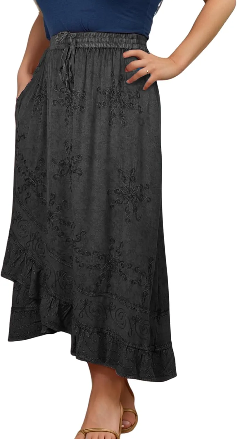 Agan Traders Women's 2025 Summer Western Boho Vintage Drawstring Embroidered Flared Ruffle High Waist Long Skirt