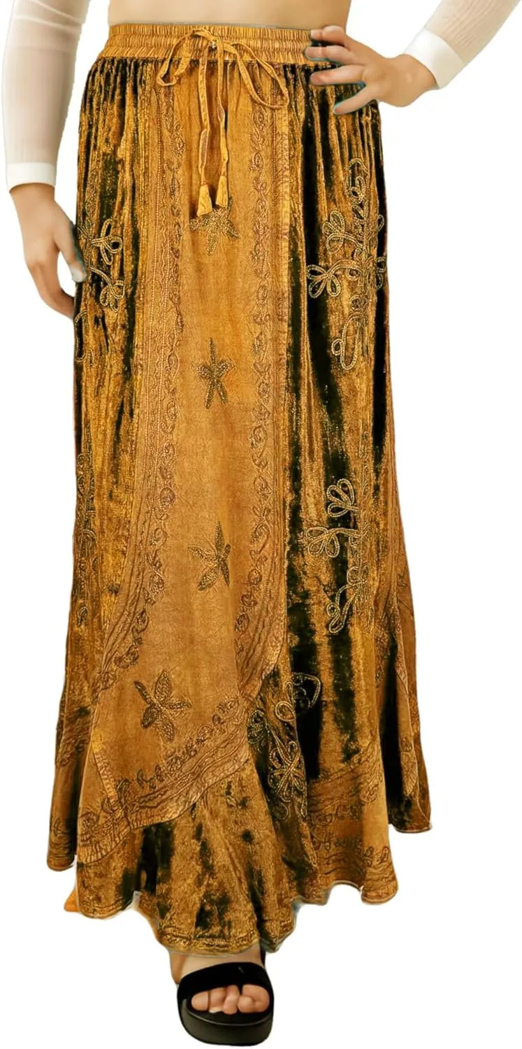 Agan Traders Women's 2025 Summer Winter Rayon Velvet Vintage Boho Embroidered High Waist Maxi Skirt - Long Skirts for Women
