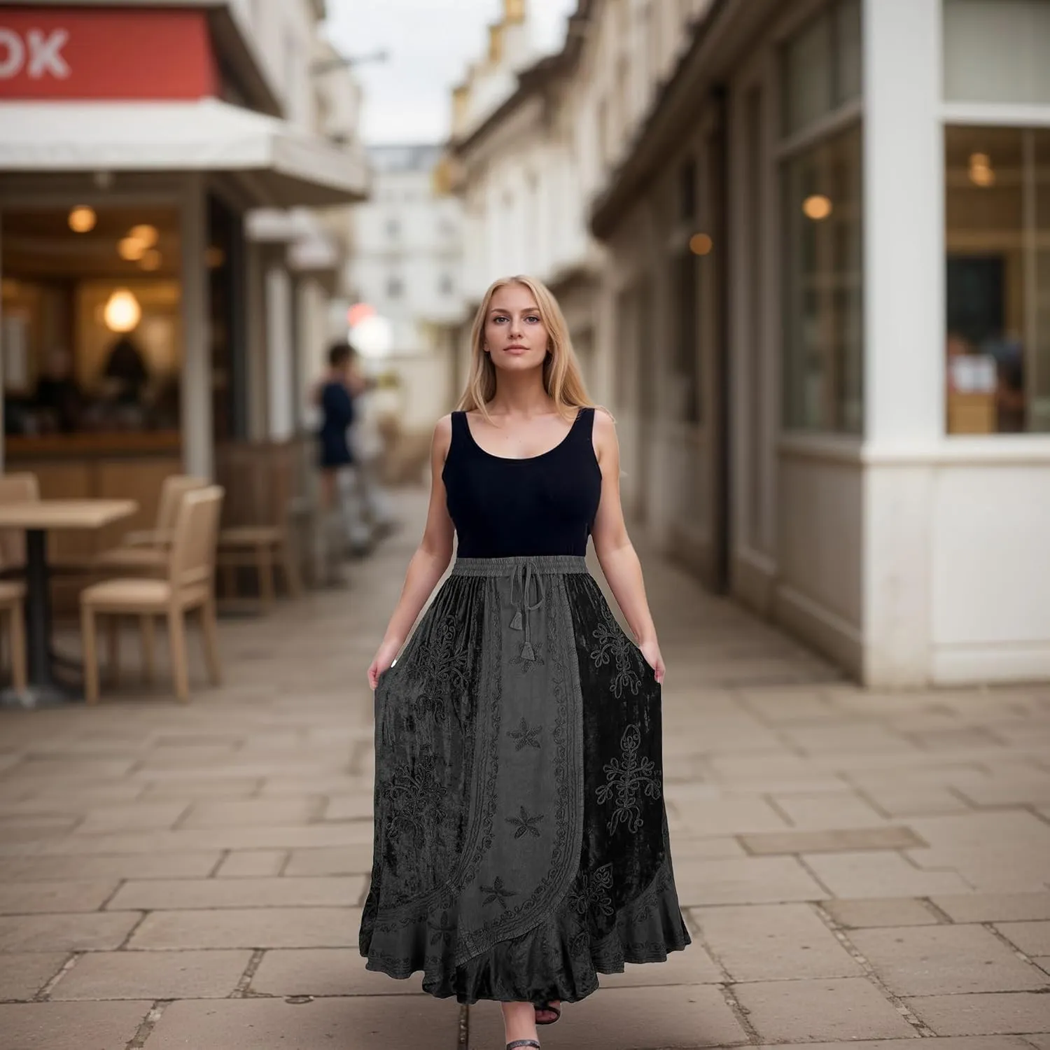 Agan Traders Women's 2025 Summer Winter Rayon Velvet Vintage Boho Embroidered High Waist Maxi Skirt - Long Skirts for Women