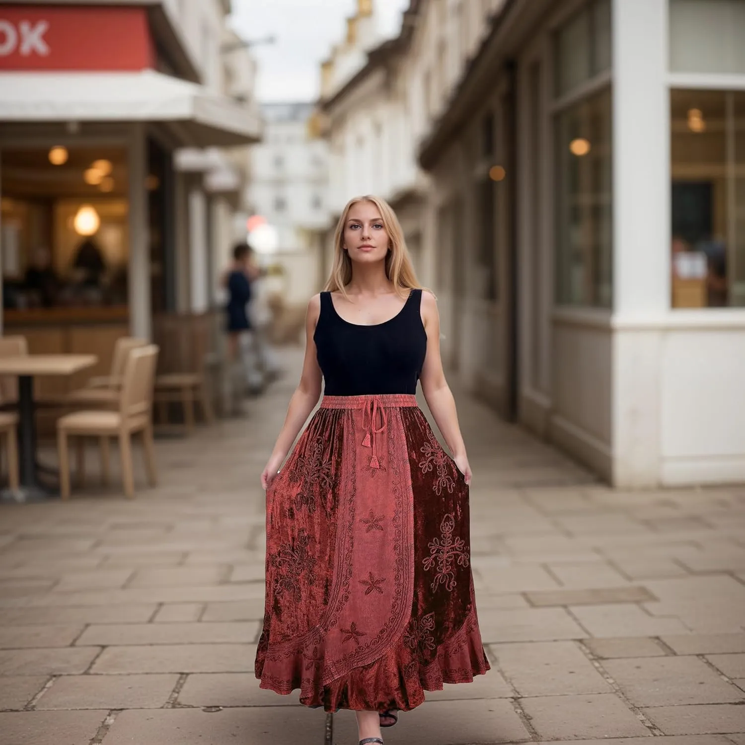 Agan Traders Women's 2025 Summer Winter Rayon Velvet Vintage Boho Embroidered High Waist Maxi Skirt - Long Skirts for Women