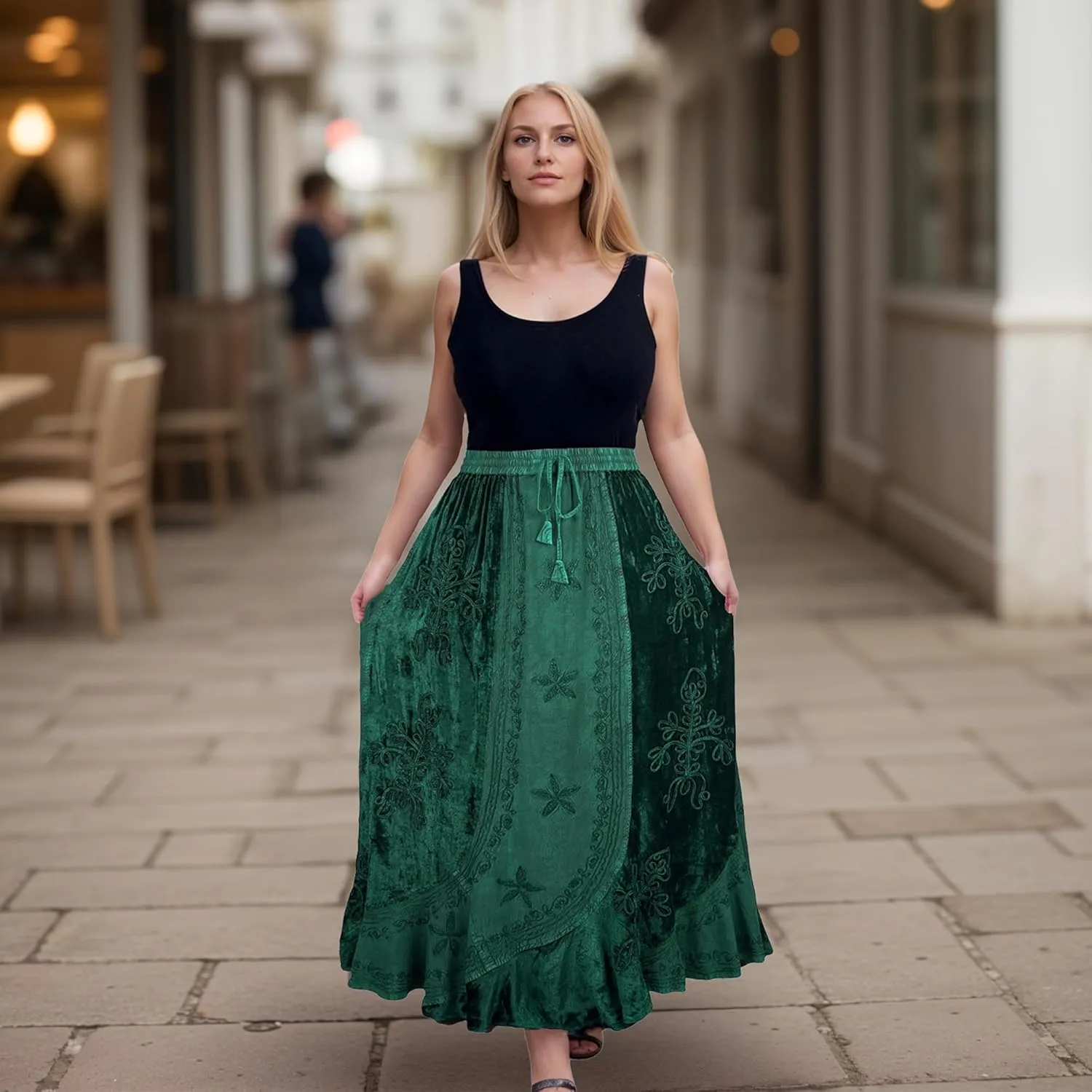 Agan Traders Women's 2025 Summer Winter Rayon Velvet Vintage Boho Embroidered High Waist Maxi Skirt - Long Skirts for Women