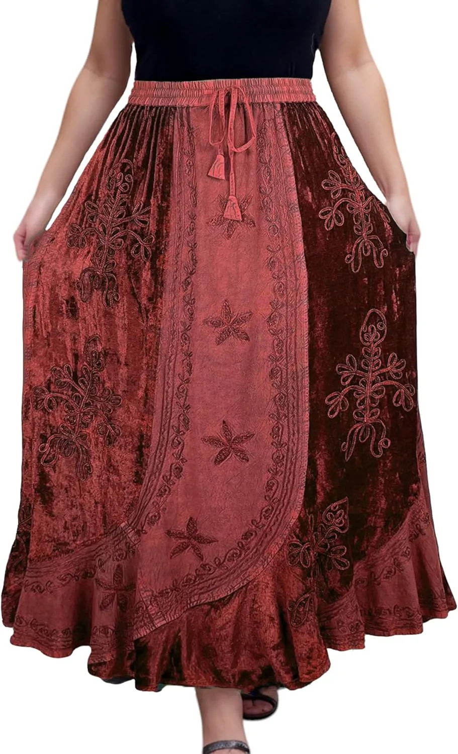 Agan Traders Women's 2025 Summer Winter Rayon Velvet Vintage Boho Embroidered High Waist Maxi Skirt - Long Skirts for Women