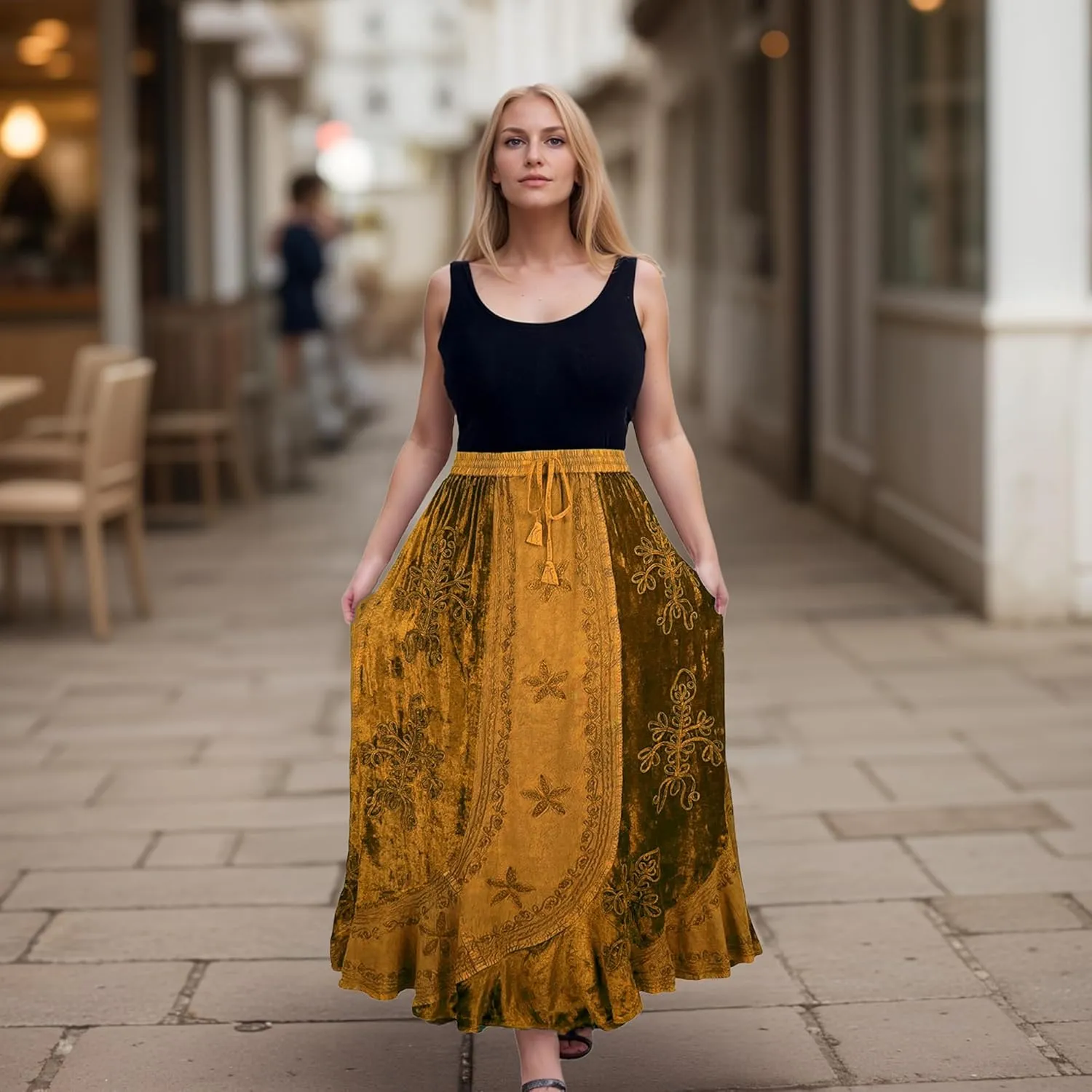 Agan Traders Women's 2025 Summer Winter Rayon Velvet Vintage Boho Embroidered High Waist Maxi Skirt - Long Skirts for Women