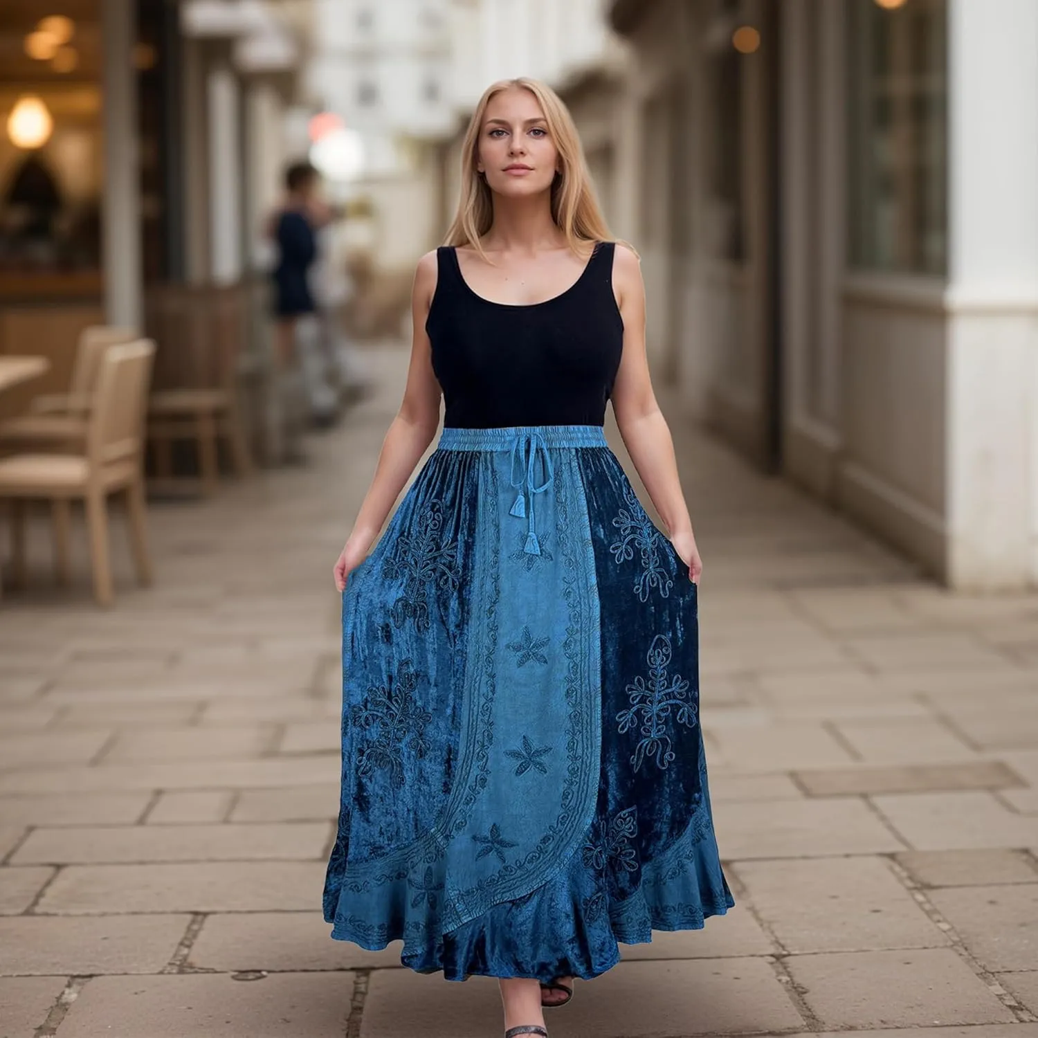 Agan Traders Women's 2025 Summer Winter Rayon Velvet Vintage Boho Embroidered High Waist Maxi Skirt - Long Skirts for Women