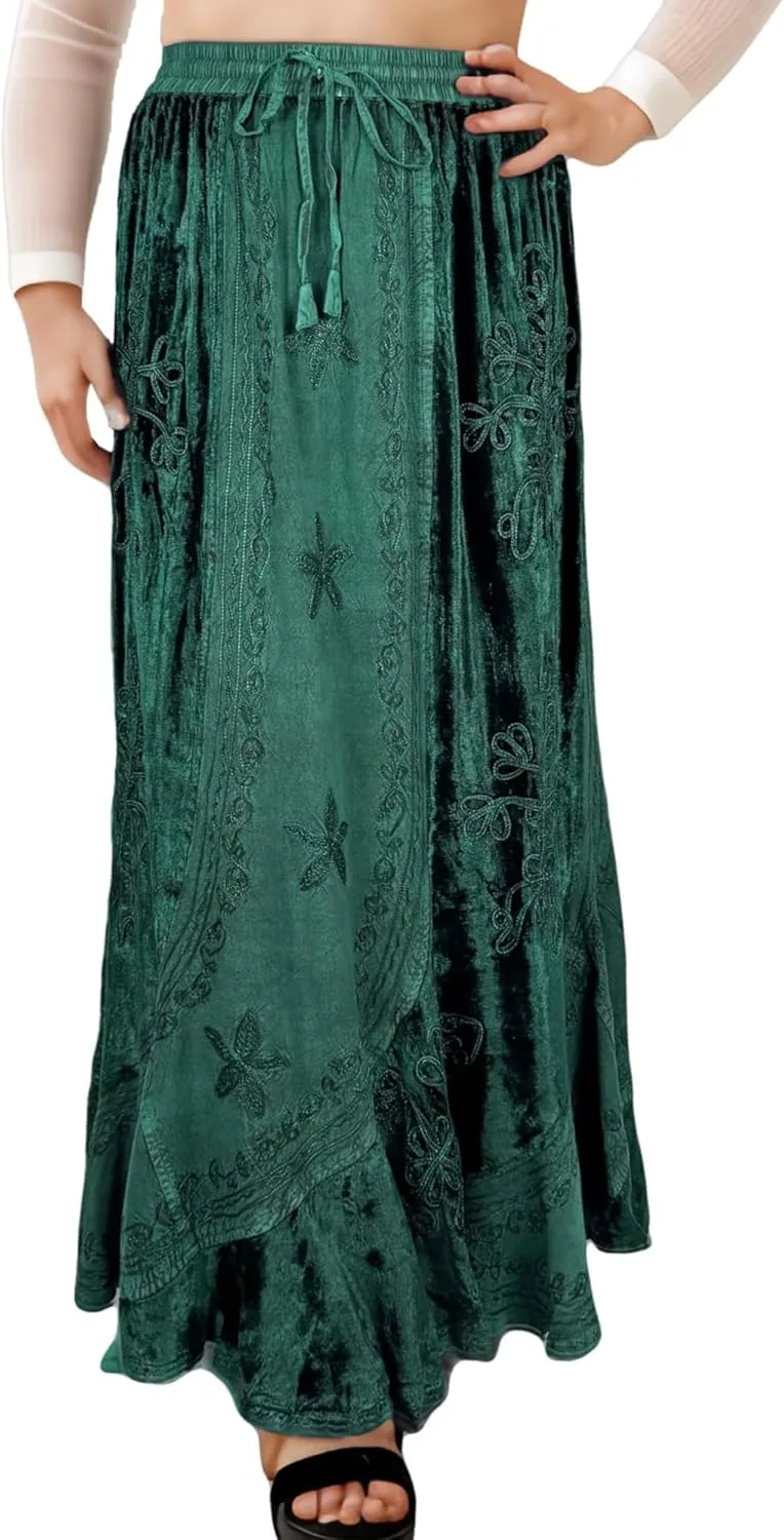 Agan Traders Women's 2025 Summer Winter Rayon Velvet Vintage Boho Embroidered High Waist Maxi Skirt - Long Skirts for Women