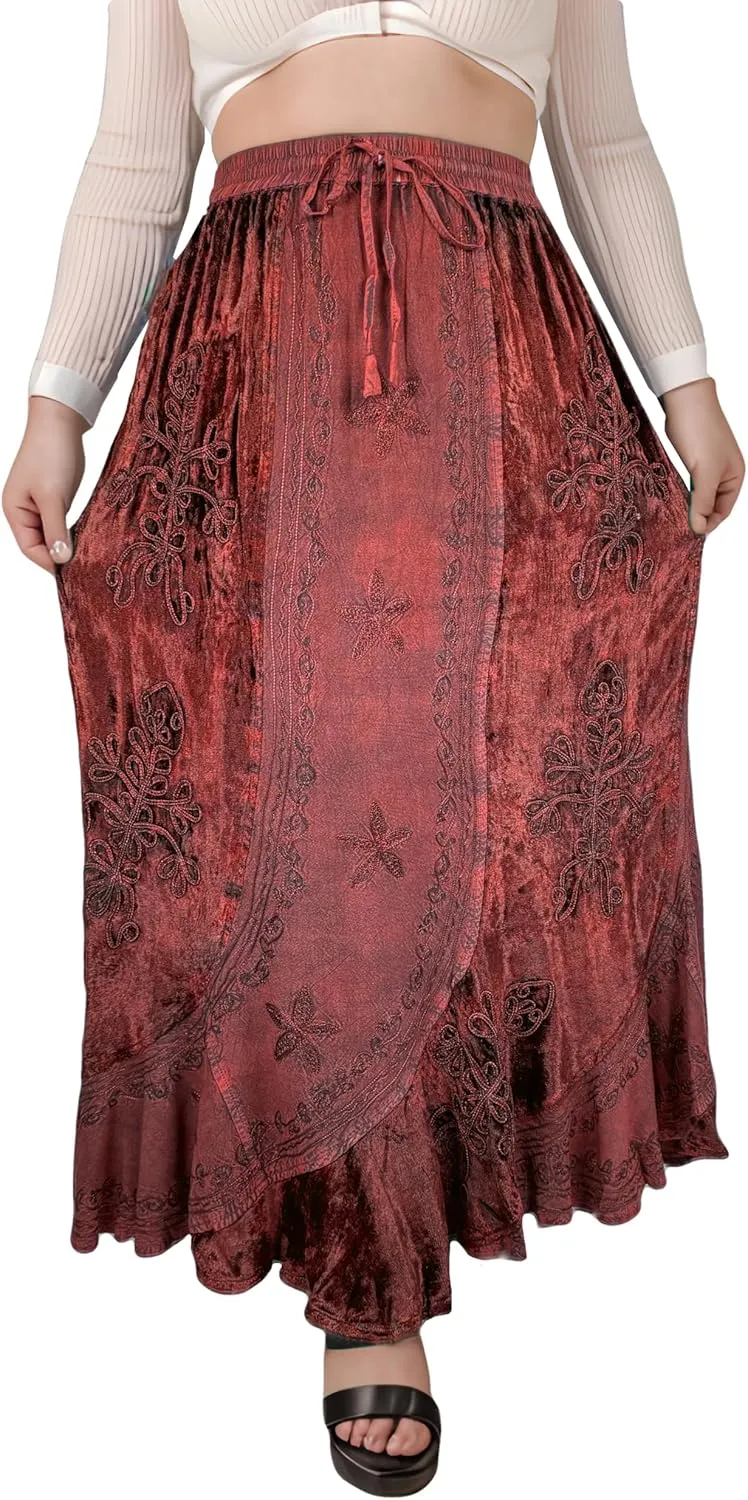 Agan Traders Women's 2025 Summer Winter Rayon Velvet Vintage Boho Embroidered High Waist Maxi Skirt - Long Skirts for Women