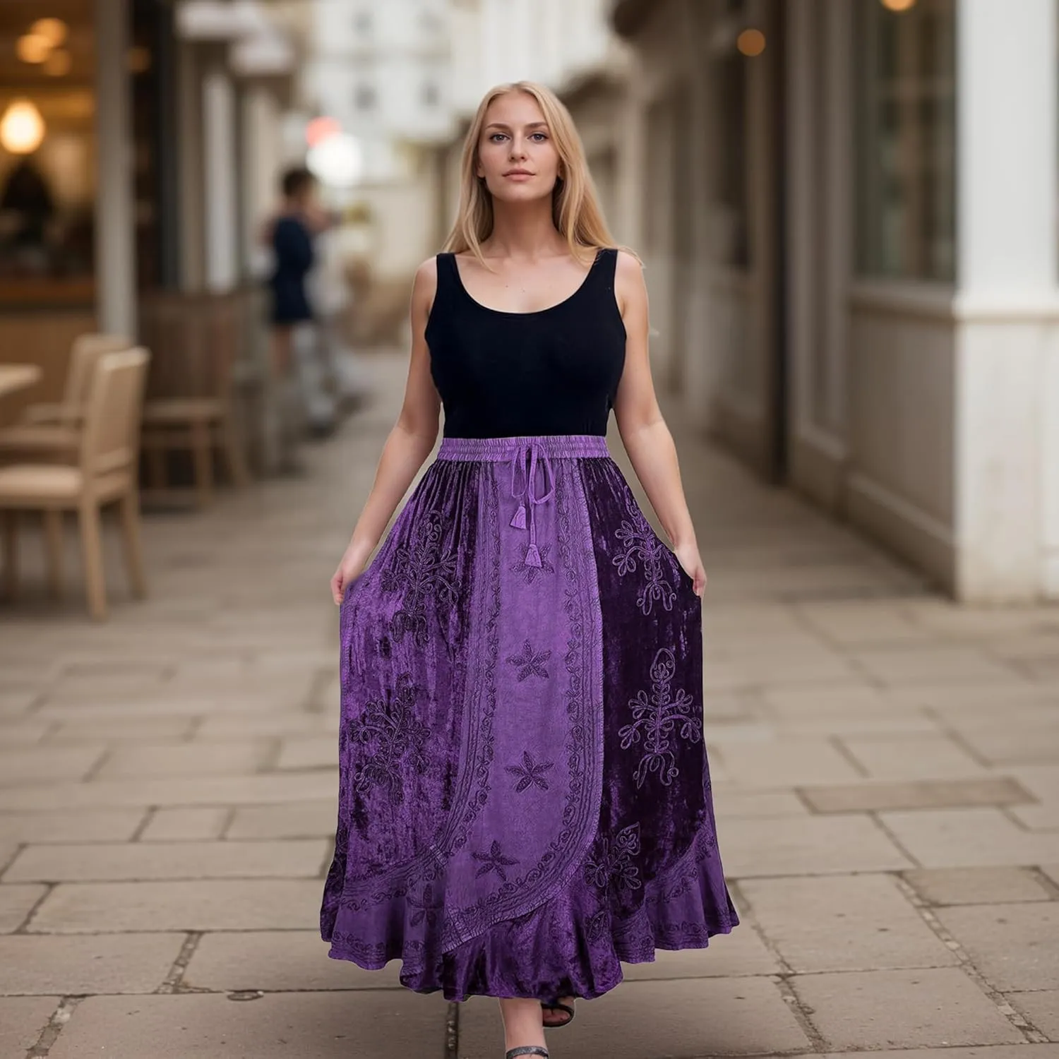 Agan Traders Women's 2025 Summer Winter Rayon Velvet Vintage Boho Embroidered High Waist Maxi Skirt - Long Skirts for Women