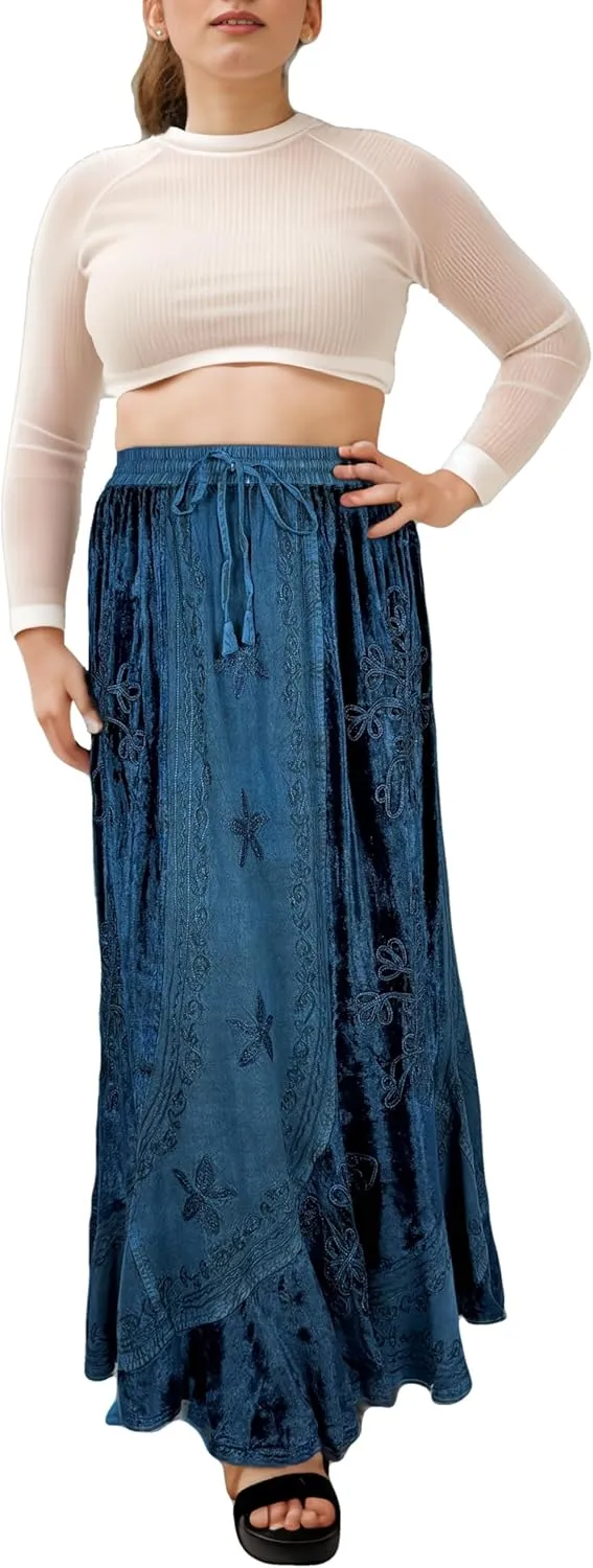 Agan Traders Women's 2025 Summer Winter Rayon Velvet Vintage Boho Embroidered High Waist Maxi Skirt - Long Skirts for Women