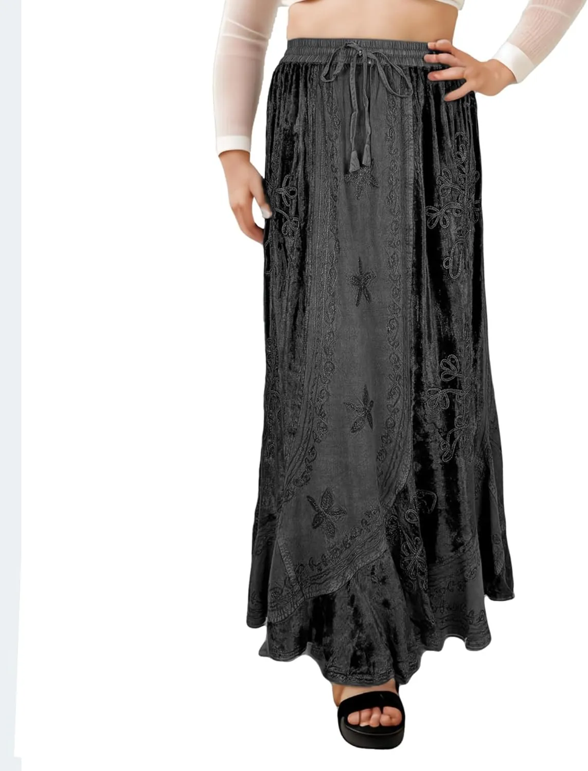 Agan Traders Women's 2025 Summer Winter Rayon Velvet Vintage Boho Embroidered High Waist Maxi Skirt - Long Skirts for Women