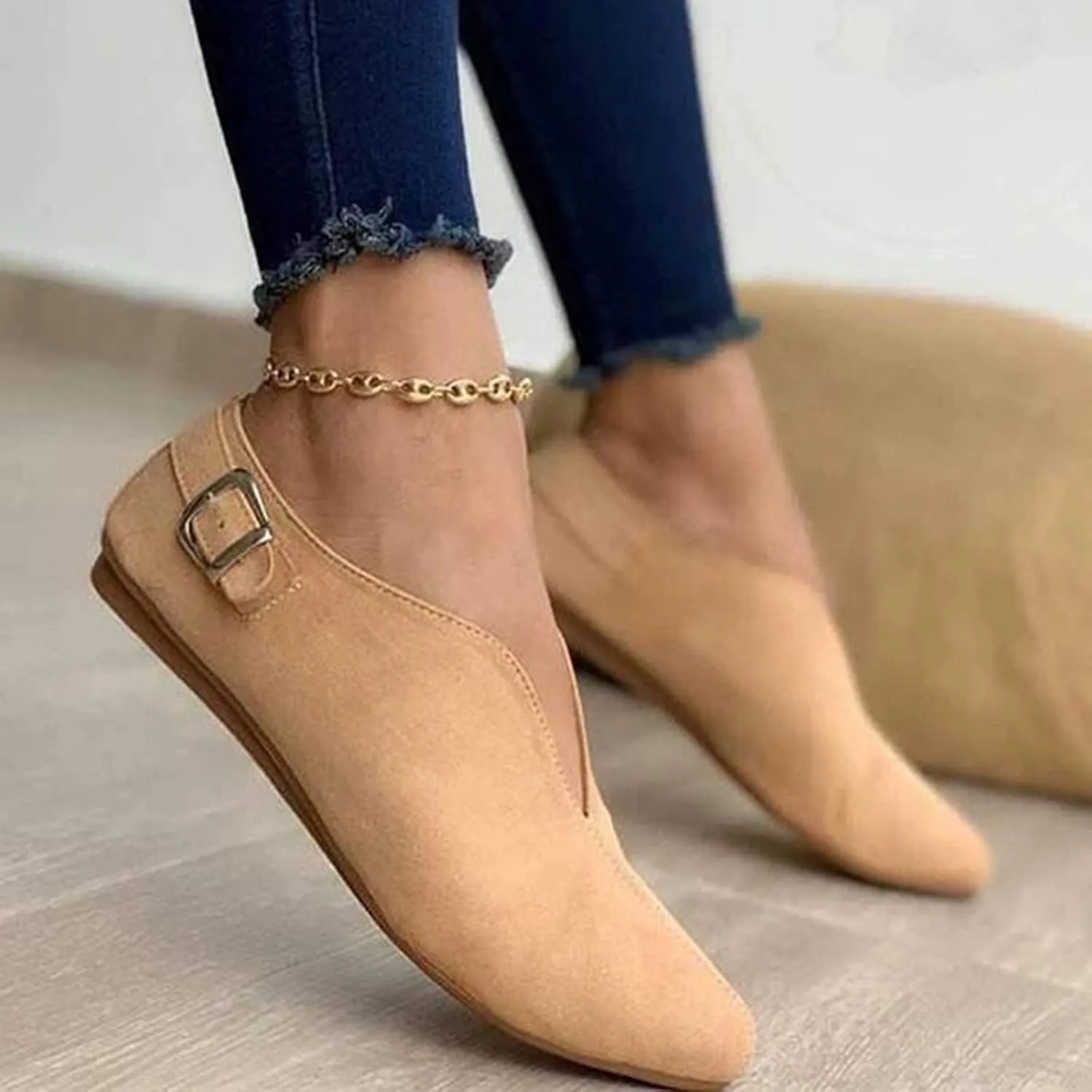 AMDBEL Flats Shoes Women Dressy Comfortable Women Pointed Toe Single Shoes Suede Flock Casual Buckle Strap Loafers Shoes