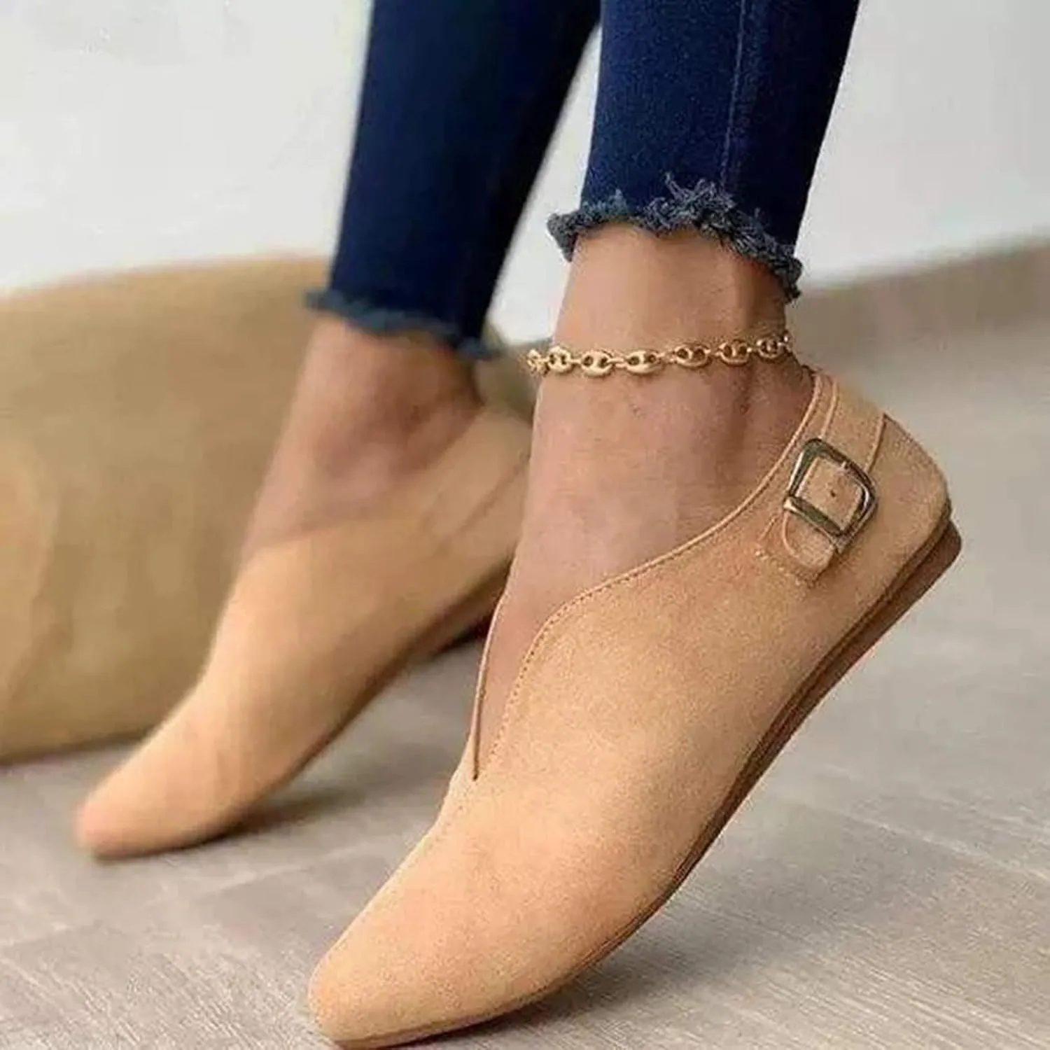 AMDBEL Flats Shoes Women Dressy Comfortable Women Pointed Toe Single Shoes Suede Flock Casual Buckle Strap Loafers Shoes
