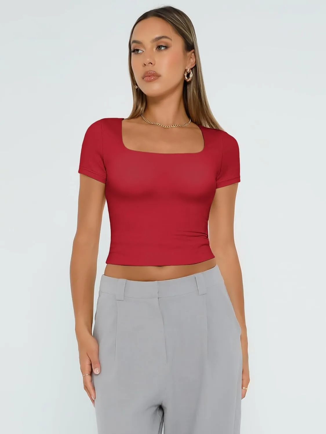 AUTOMET Womens Short Sleeve T Shirts Double Lined Square Neck Going Out Crop Tops Summer Cute Clothes Basics Tees