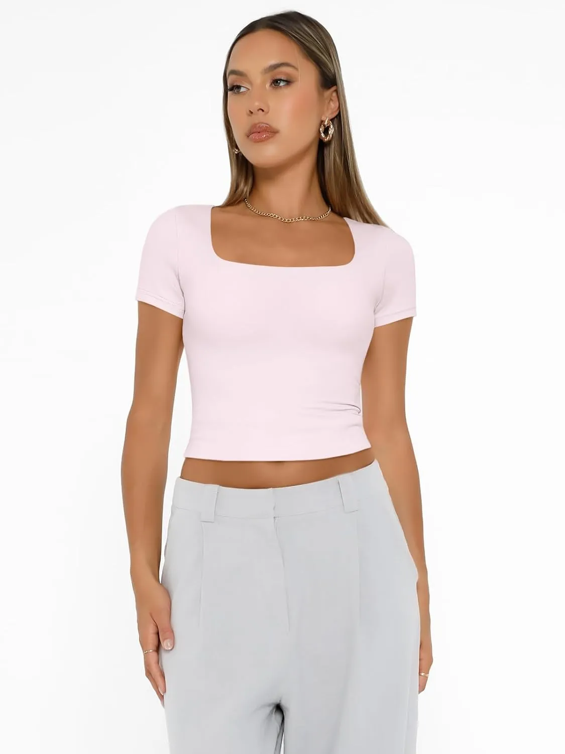 AUTOMET Womens Short Sleeve T Shirts Double Lined Square Neck Going Out Crop Tops Summer Cute Clothes Basics Tees