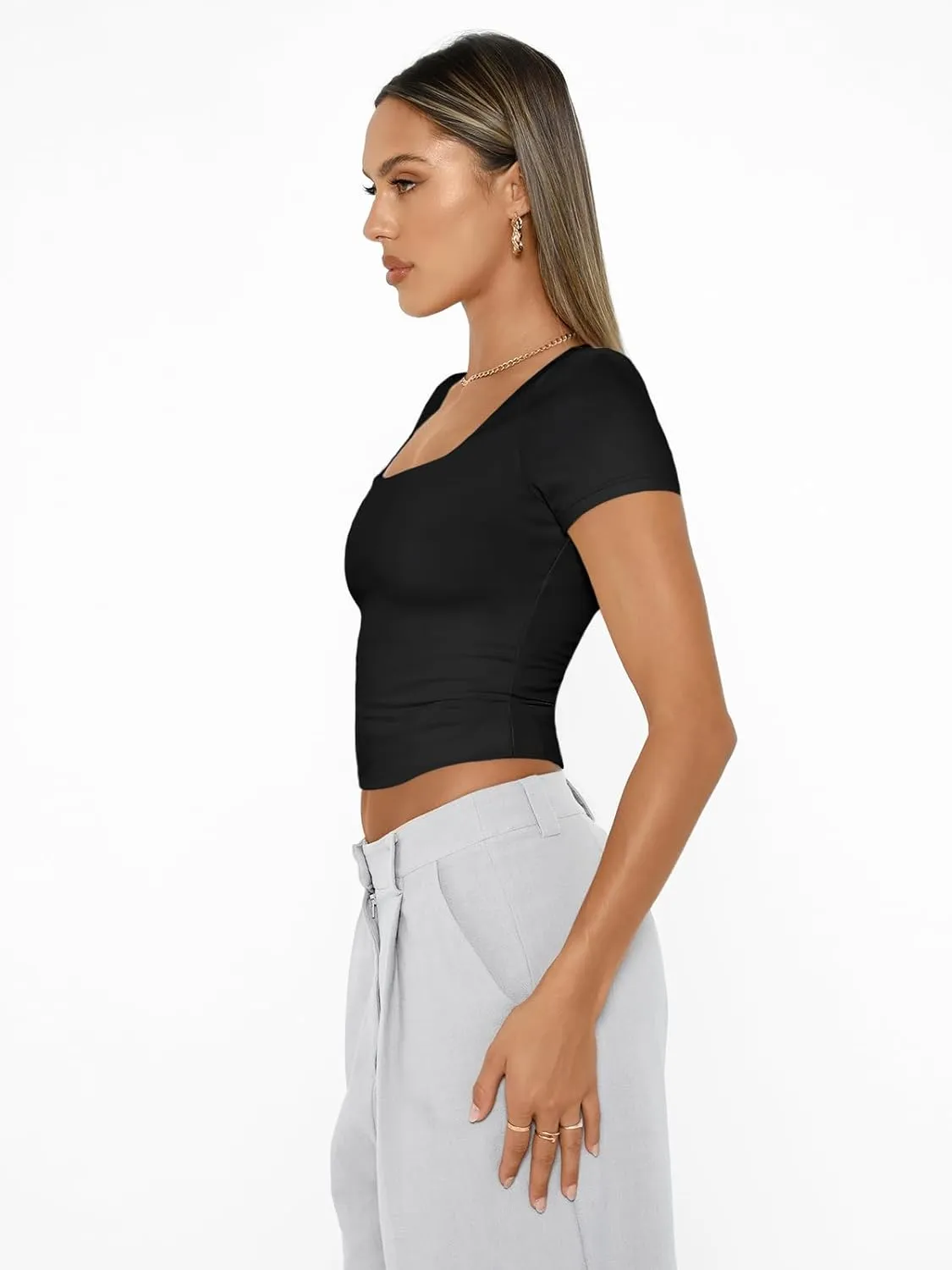 AUTOMET Womens Short Sleeve T Shirts Double Lined Square Neck Going Out Crop Tops Summer Cute Clothes Basics Tees