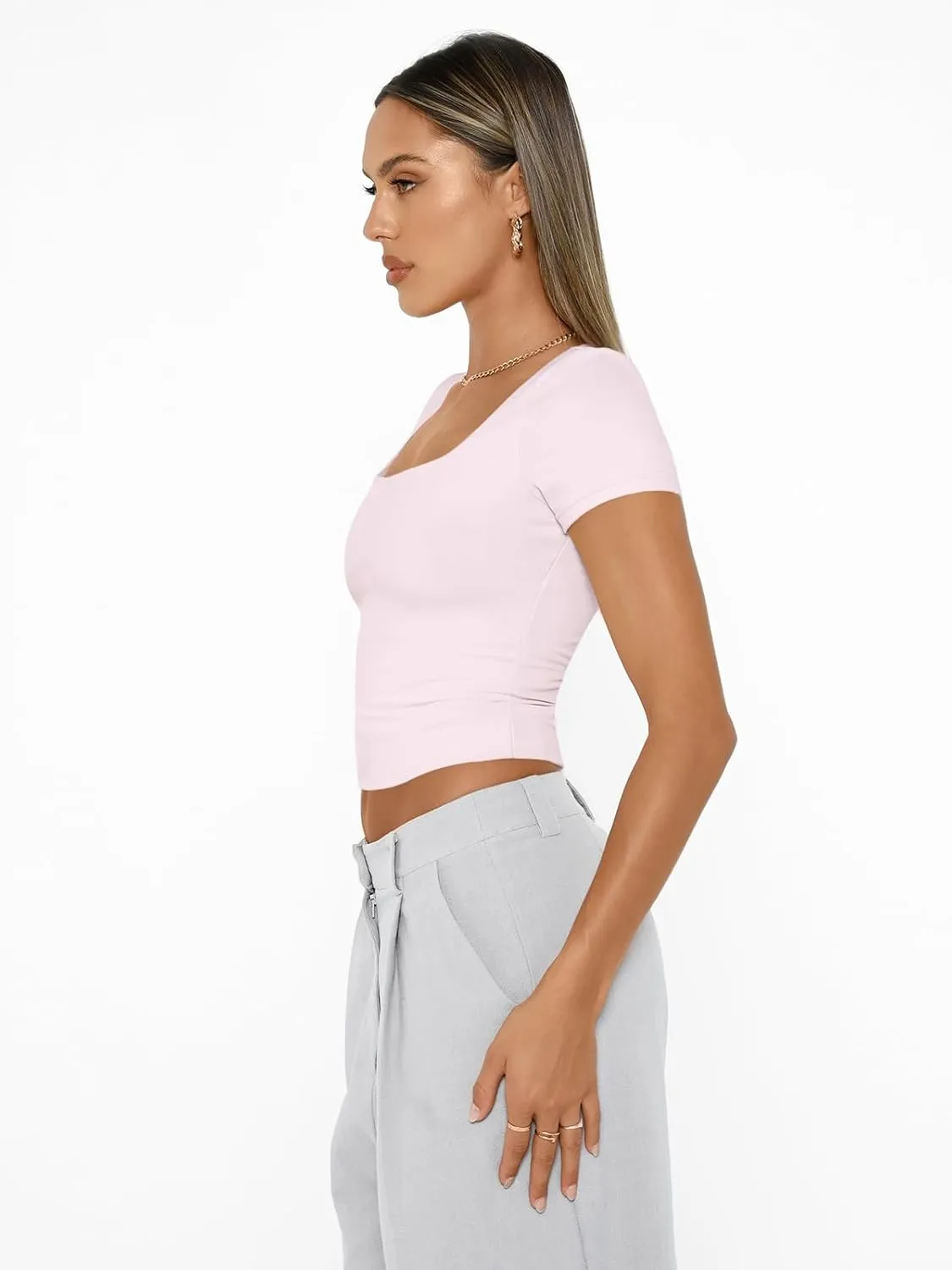 AUTOMET Womens Short Sleeve T Shirts Double Lined Square Neck Going Out Crop Tops Summer Cute Clothes Basics Tees