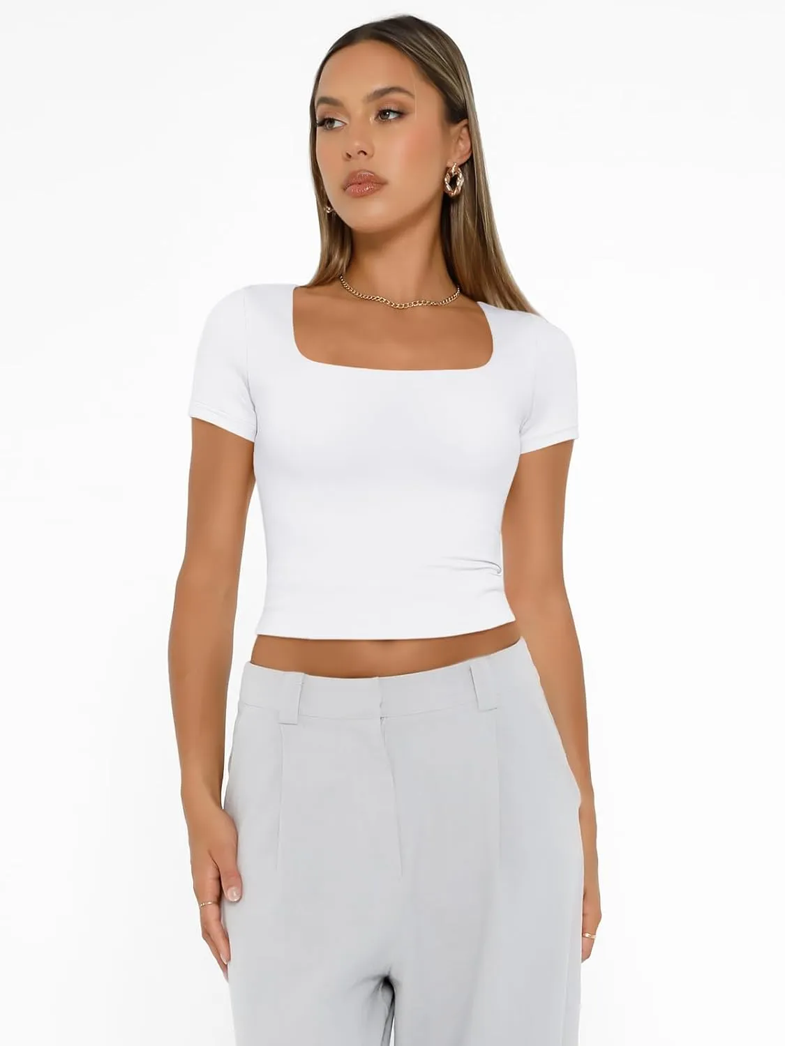 AUTOMET Womens Short Sleeve T Shirts Double Lined Square Neck Going Out Crop Tops Summer Cute Clothes Basics Tees