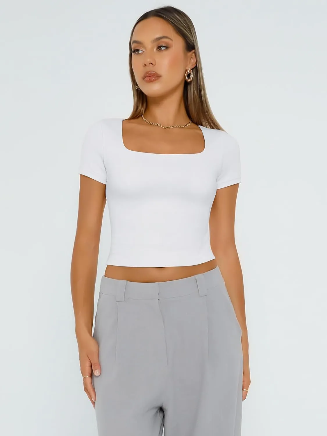 AUTOMET Womens Short Sleeve T Shirts Double Lined Square Neck Going Out Crop Tops Summer Cute Clothes Basics Tees