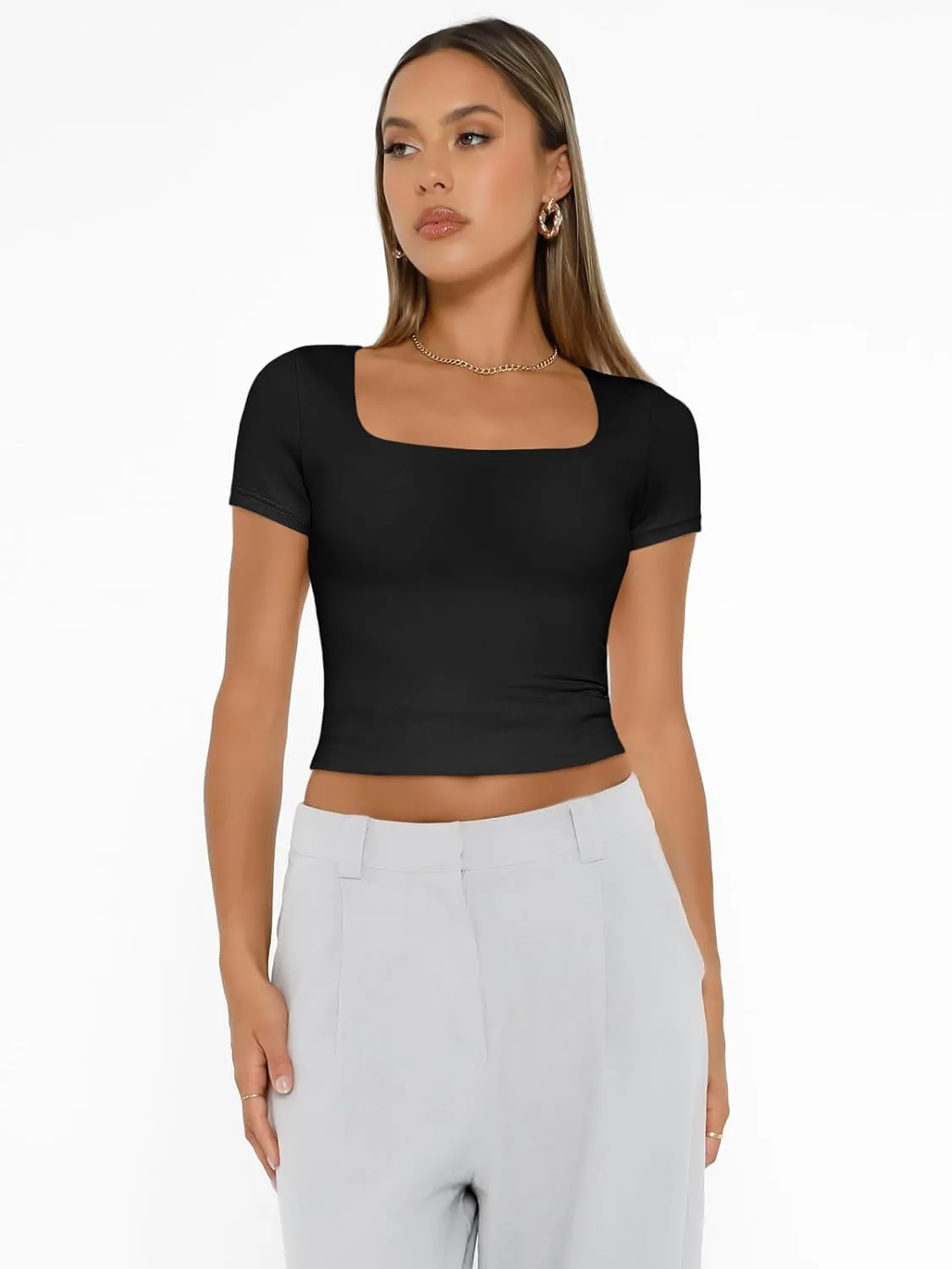 AUTOMET Womens Short Sleeve T Shirts Double Lined Square Neck Going Out Crop Tops Summer Cute Clothes Basics Tees