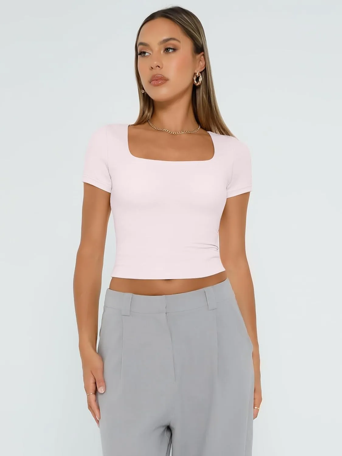AUTOMET Womens Short Sleeve T Shirts Double Lined Square Neck Going Out Crop Tops Summer Cute Clothes Basics Tees