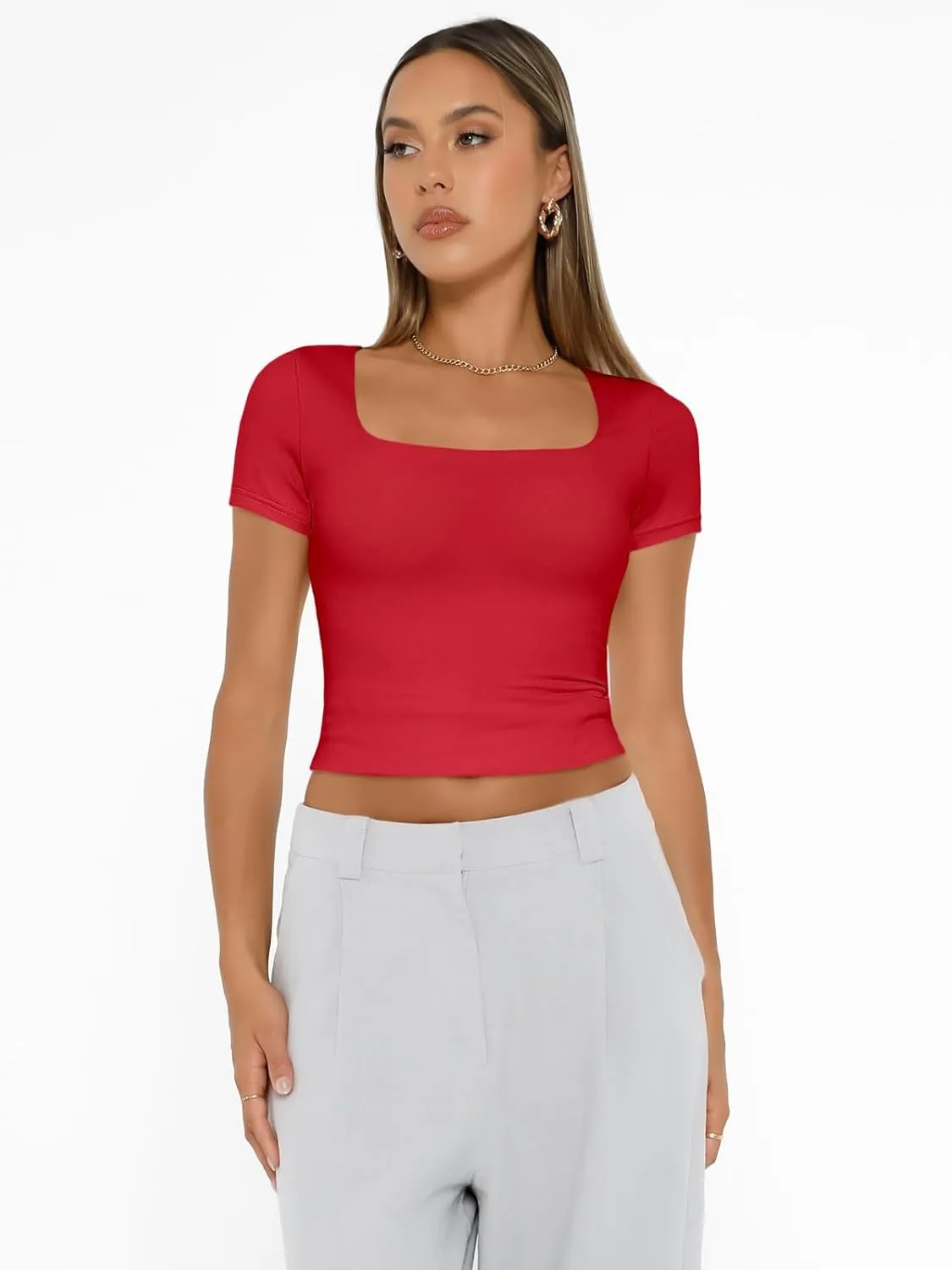 AUTOMET Womens Short Sleeve T Shirts Double Lined Square Neck Going Out Crop Tops Summer Cute Clothes Basics Tees
