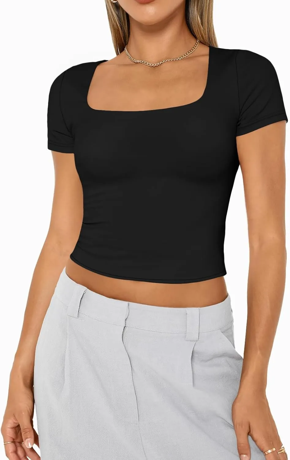 AUTOMET Womens Short Sleeve T Shirts Double Lined Square Neck Going Out Crop Tops Summer Cute Clothes Basics Tees