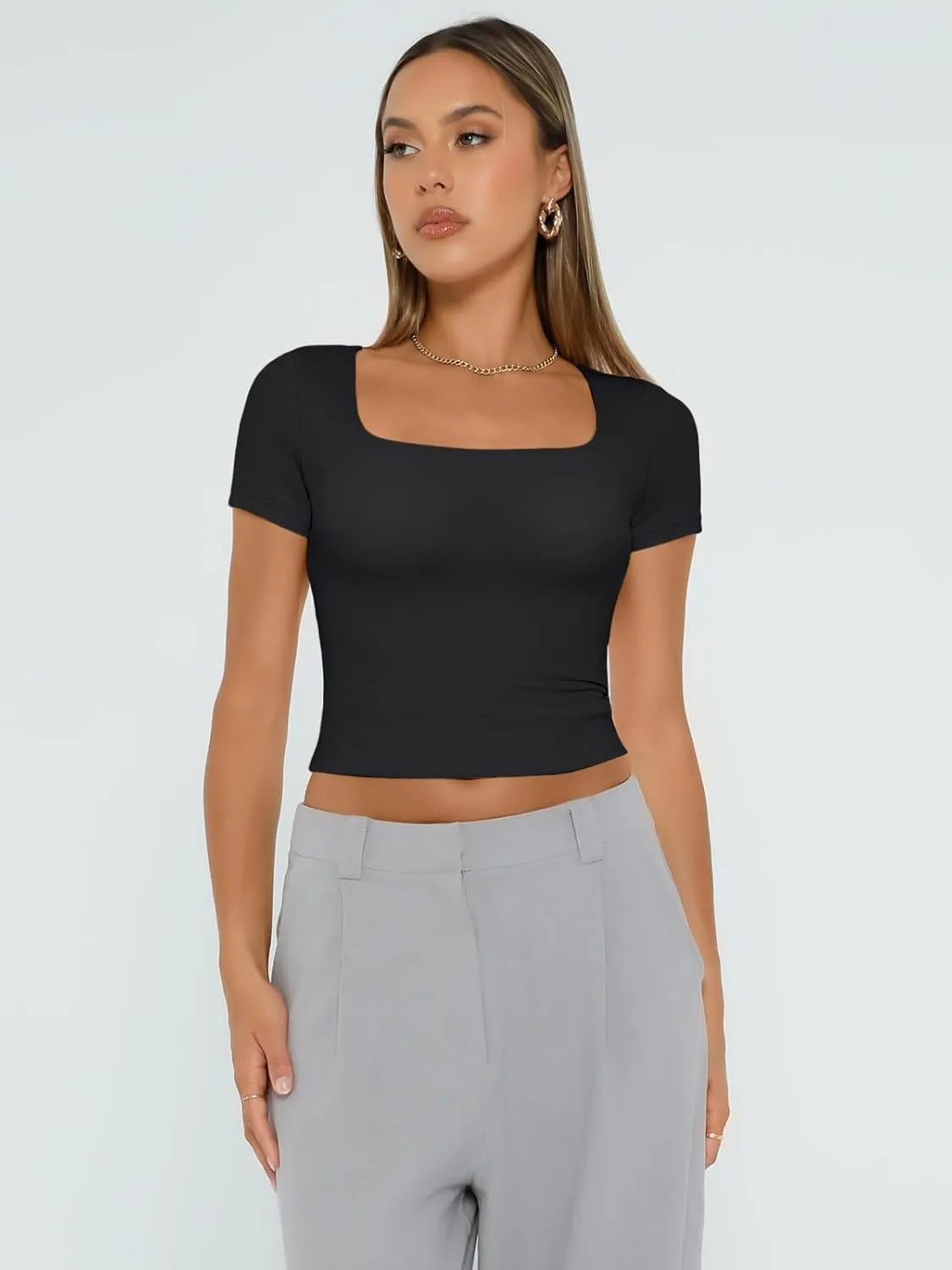 AUTOMET Womens Short Sleeve T Shirts Double Lined Square Neck Going Out Crop Tops Summer Cute Clothes Basics Tees