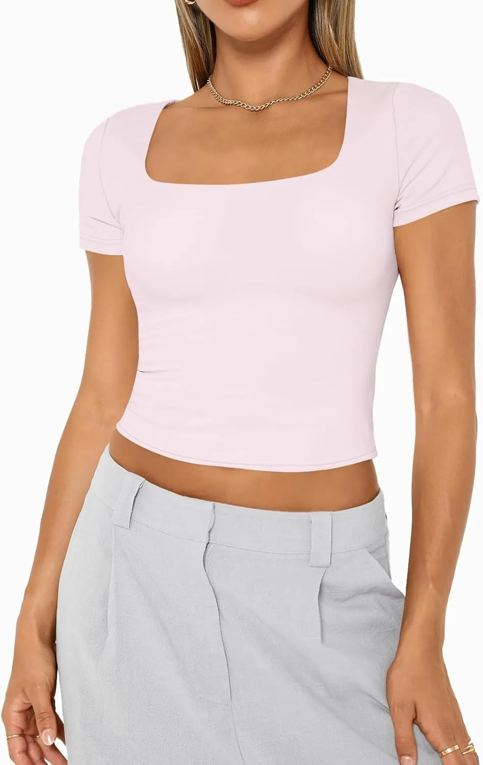AUTOMET Womens Short Sleeve T Shirts Double Lined Square Neck Going Out Crop Tops Summer Cute Clothes Basics Tees