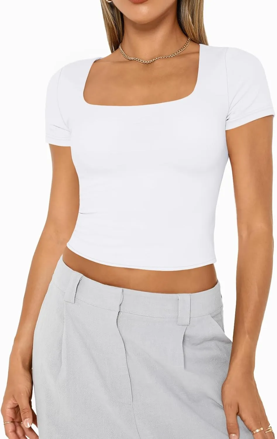 AUTOMET Womens Short Sleeve T Shirts Double Lined Square Neck Going Out Crop Tops Summer Cute Clothes Basics Tees