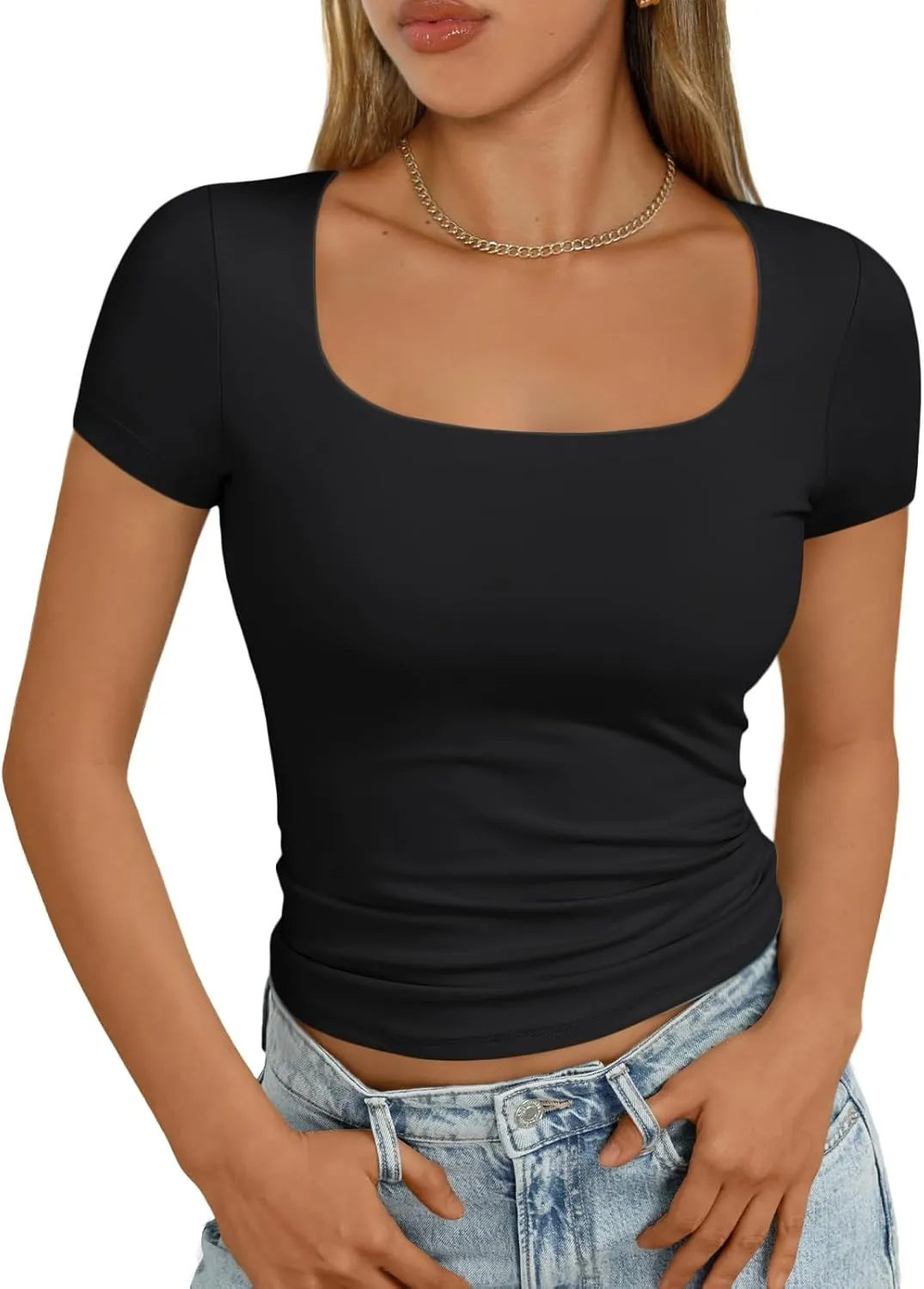 AUTOMET Womens Short Sleeve T Shirts Double Lined Square Neck Going Out Crop Tops Summer Cute Clothes Basics Tees