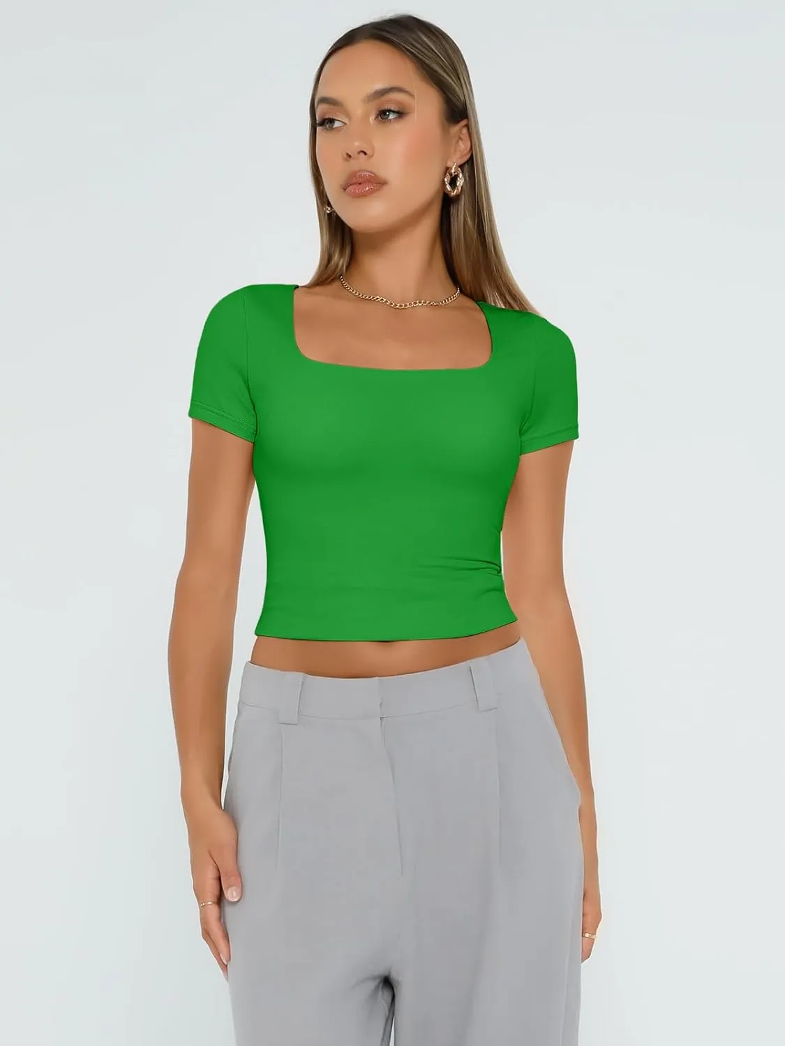 AUTOMET Womens Short Sleeve T Shirts Double Lined Square Neck Going Out Crop Tops Summer Cute Clothes Basics Tees