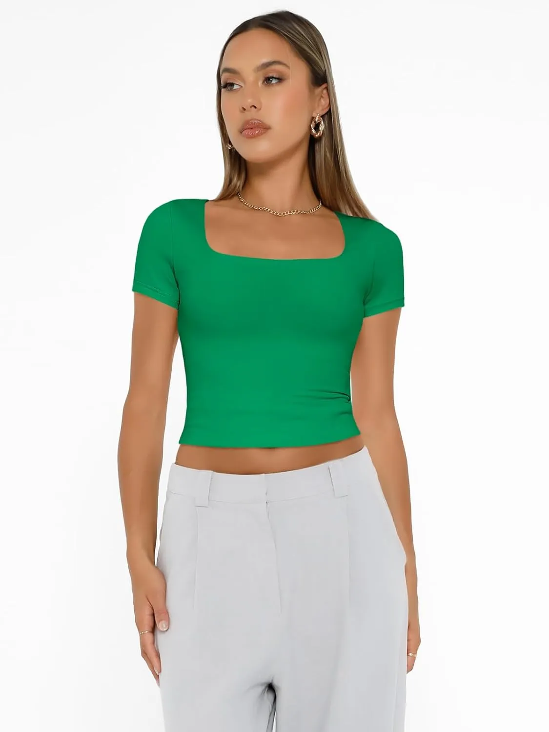 AUTOMET Womens Short Sleeve T Shirts Double Lined Square Neck Going Out Crop Tops Summer Cute Clothes Basics Tees