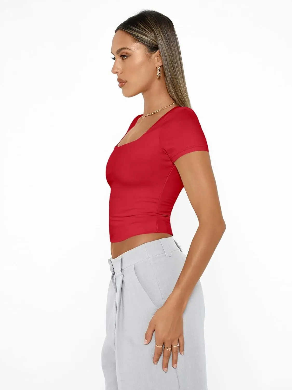 AUTOMET Womens Short Sleeve T Shirts Double Lined Square Neck Going Out Crop Tops Summer Cute Clothes Basics Tees