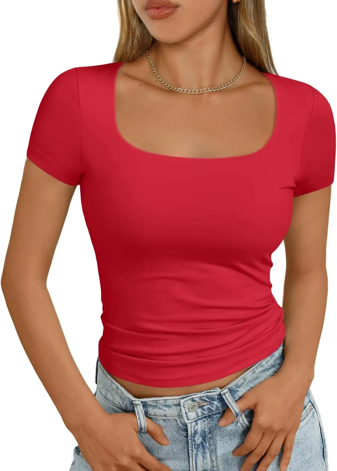 AUTOMET Womens Short Sleeve T Shirts Double Lined Square Neck Going Out Crop Tops Summer Cute Clothes Basics Tees