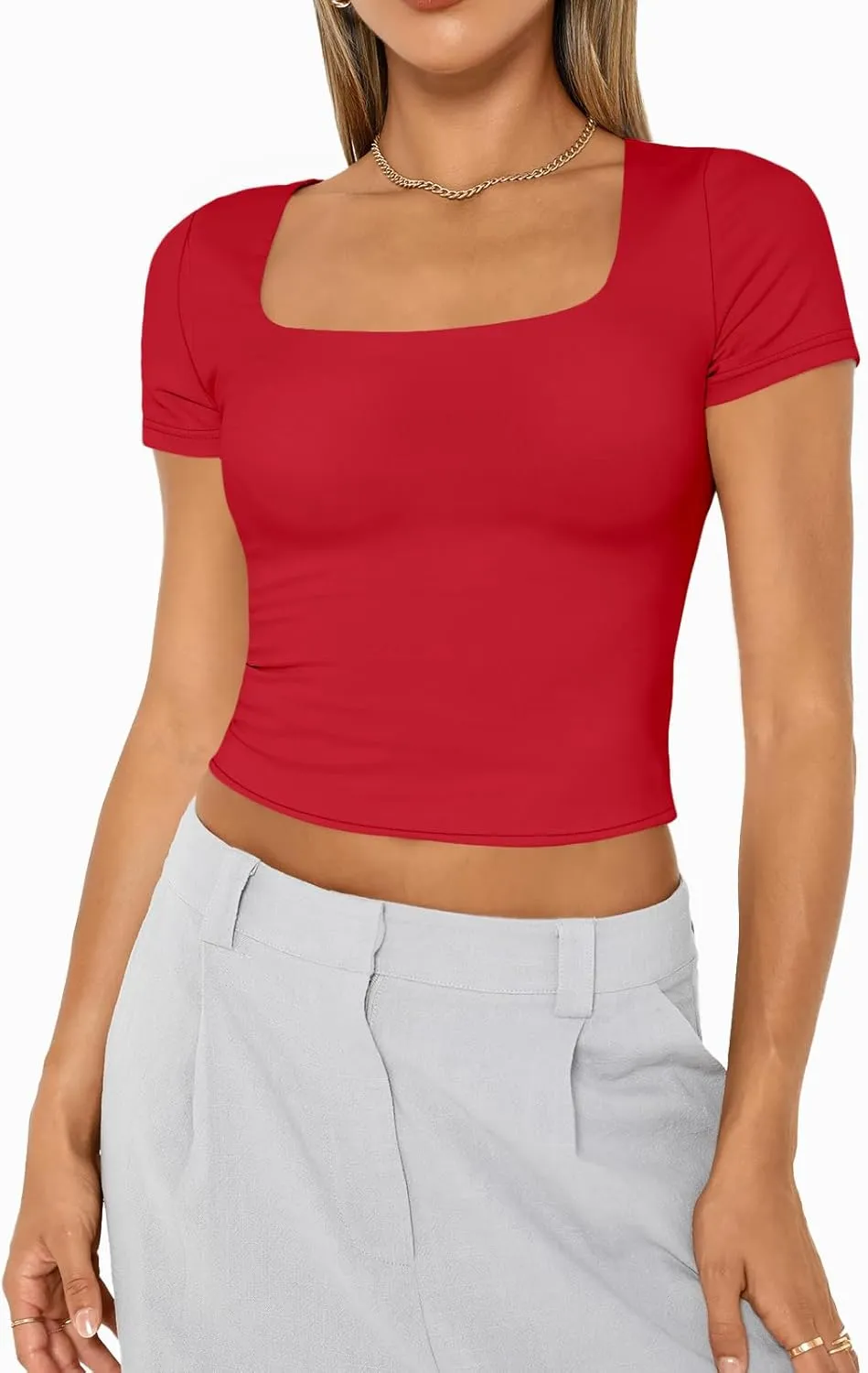 AUTOMET Womens Short Sleeve T Shirts Double Lined Square Neck Going Out Crop Tops Summer Cute Clothes Basics Tees