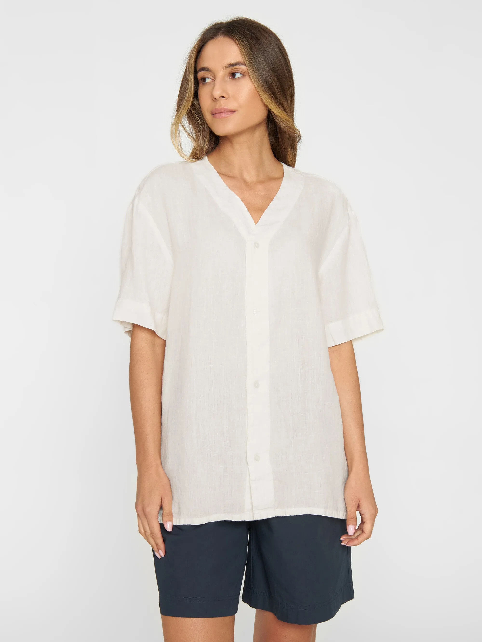 Baseball linen short sleeved shirt - Egret