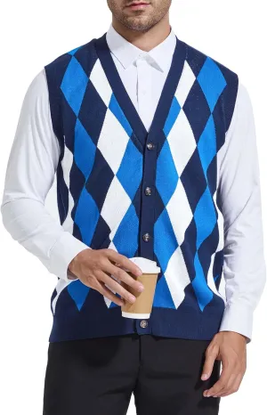 Beotyshow Mens Argyle Sweater Vests V Neck Sleeveless Cardigan Vest Knitwear