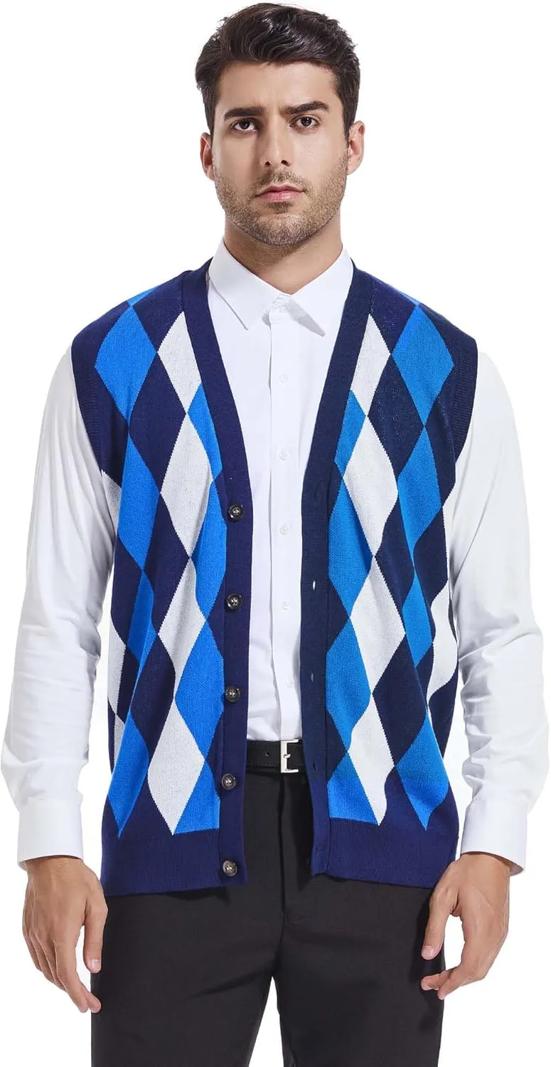 Beotyshow Mens Argyle Sweater Vests V Neck Sleeveless Cardigan Vest Knitwear