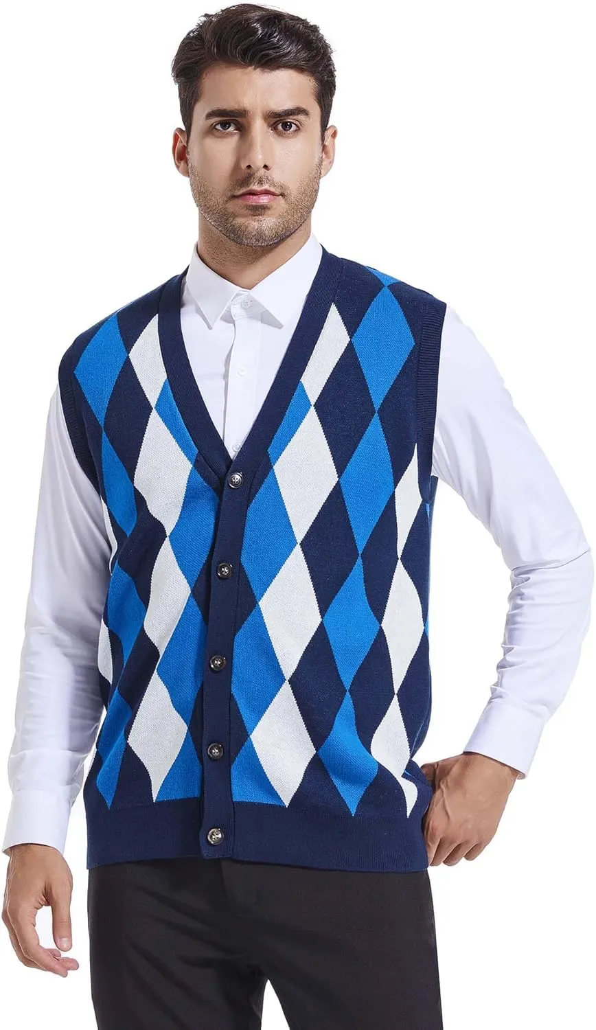 Beotyshow Mens Argyle Sweater Vests V Neck Sleeveless Cardigan Vest Knitwear