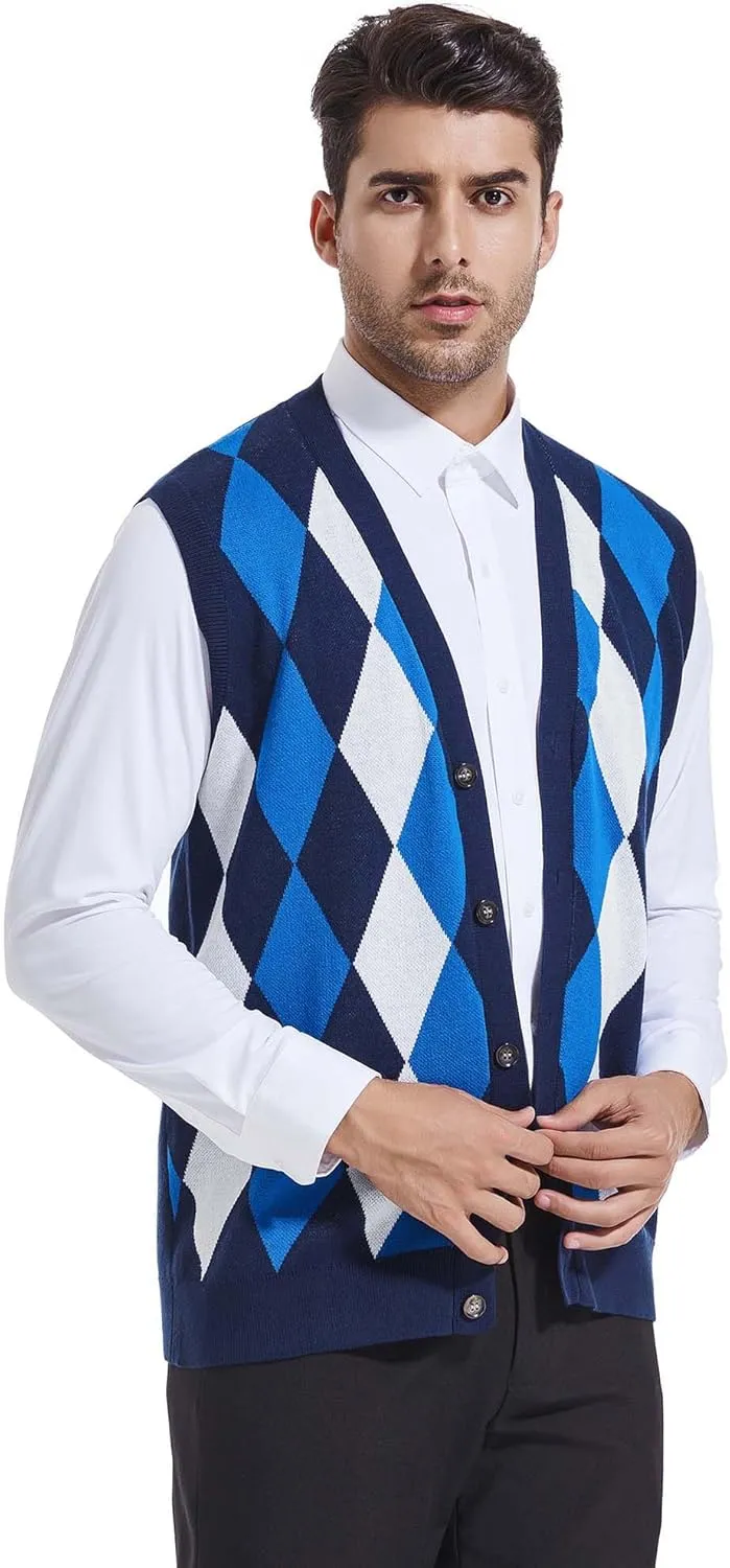 Beotyshow Mens Argyle Sweater Vests V Neck Sleeveless Cardigan Vest Knitwear