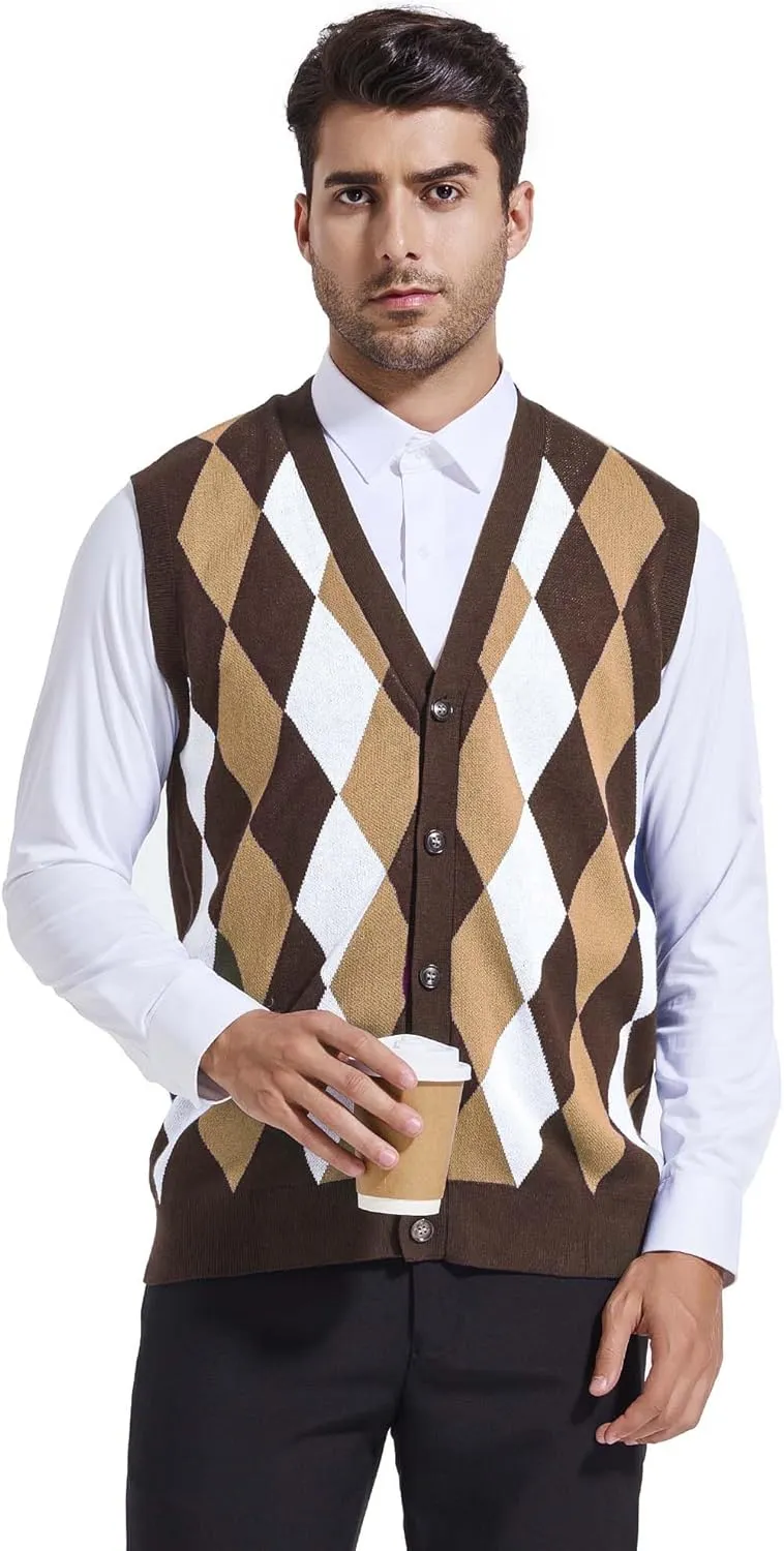 Beotyshow Mens Argyle Sweater Vests V Neck Sleeveless Cardigan Vest Knitwear