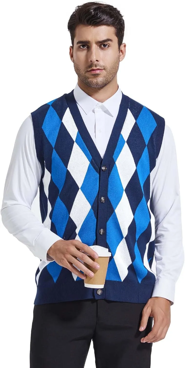 Beotyshow Mens Argyle Sweater Vests V Neck Sleeveless Cardigan Vest Knitwear