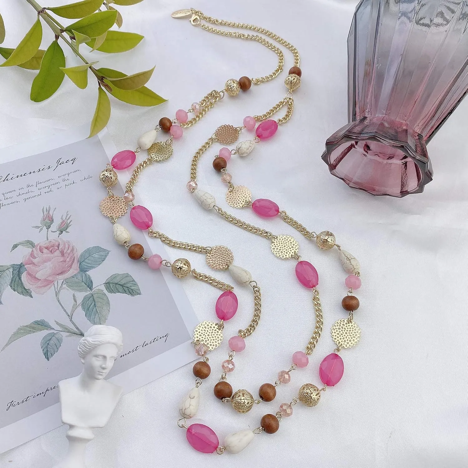 Bocar Long Necklaces for Women Trendy, Boho Layered Crystal Beaded Collar Necklaces for Women, Fashion Statement Necklaces Jewelry